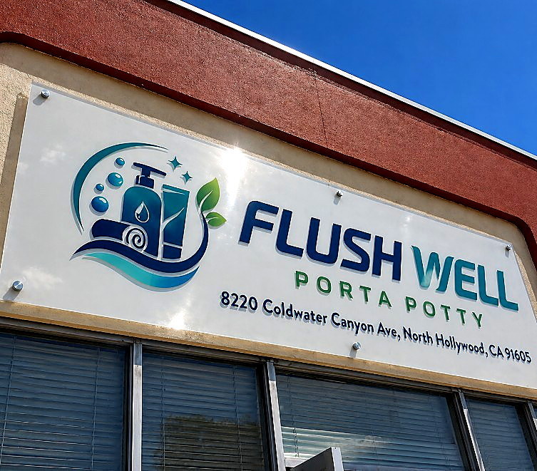 Flush Well Porta Potty storefront signage in North Hollywood